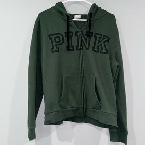 PINK Victoria’s Secret Army Green & Black Logo Zip Up Hoodie Size XL